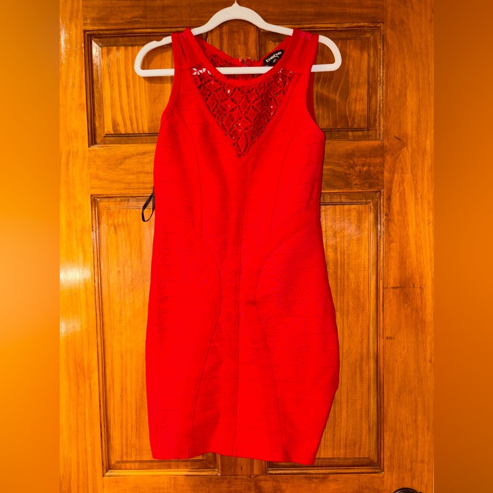 Bebe Red Embellished Halter Sheath Midi Dress